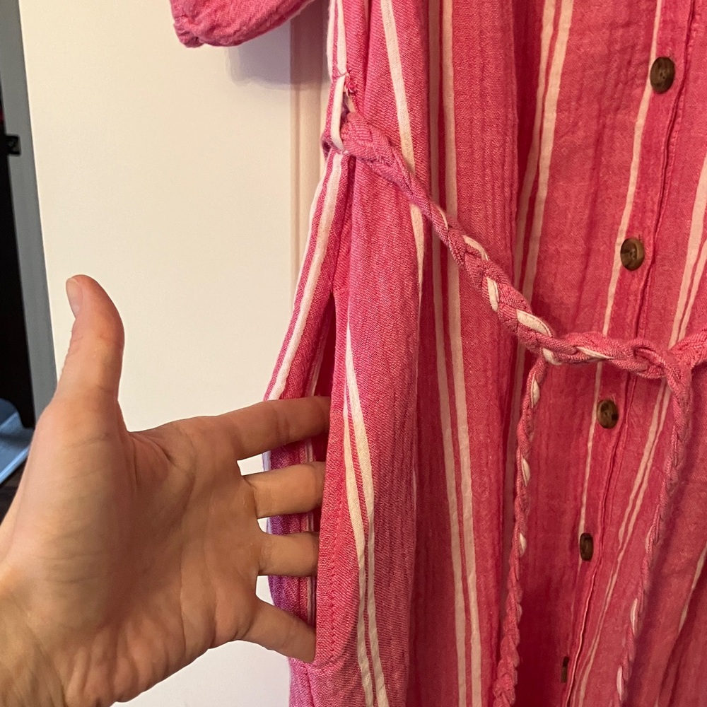 Pink white stripe cotton gauze midi maxi dress XS pockets removable belt - Picture 6 of 11